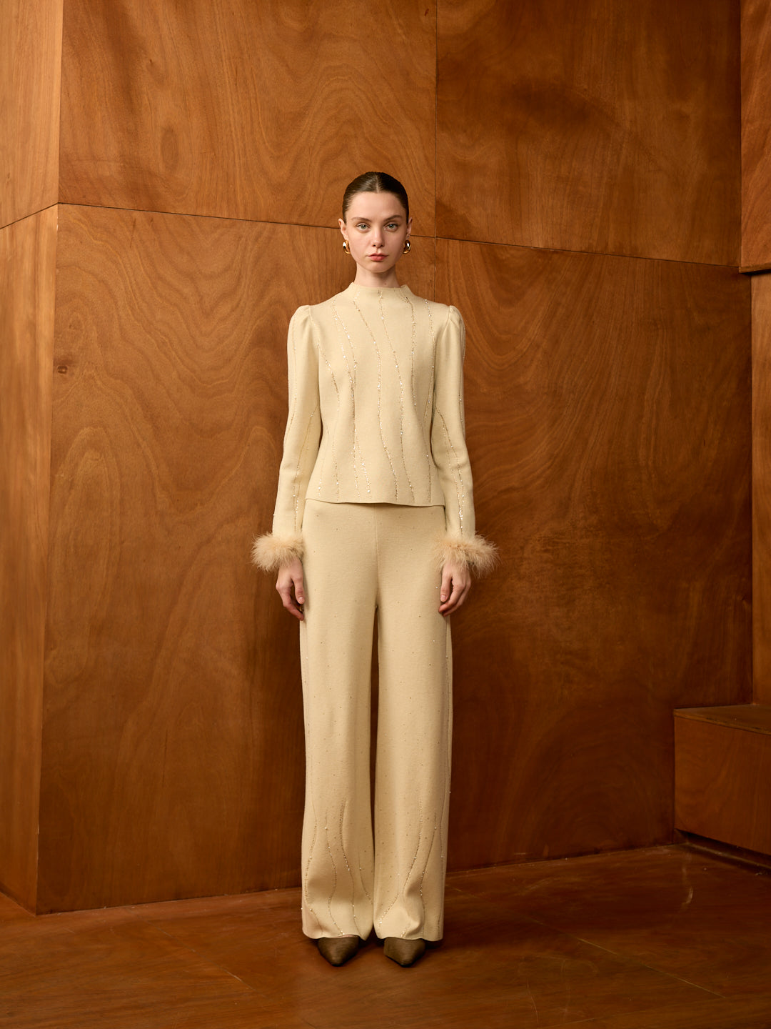Wool Knit Set with Feather Cuffs & Embellishments