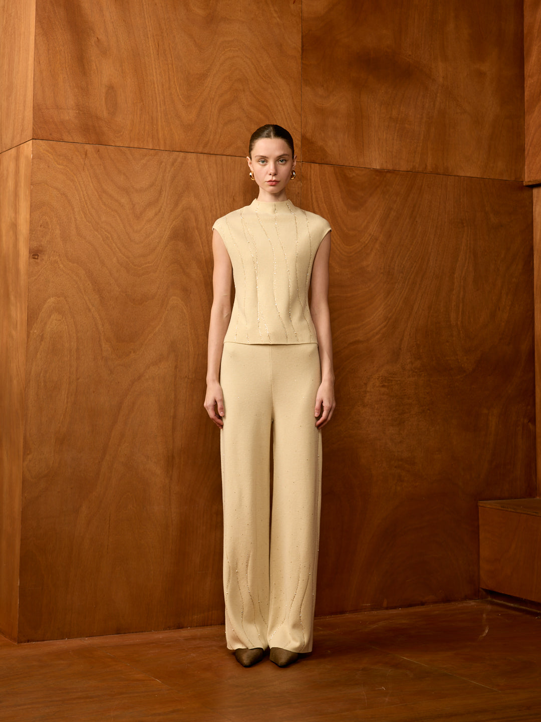 Cream Wool Beaded Detail Mock Neck Sleeveless Top & Wide-Leg Trousers Set