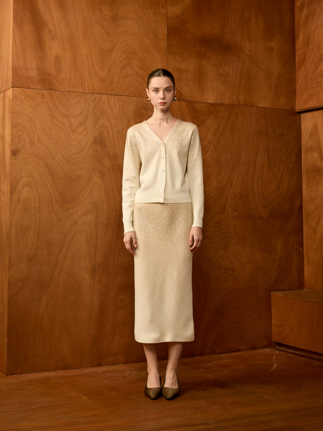 Stardust V-Neck Cardigan Set (Cardigan + Midi Skirt)