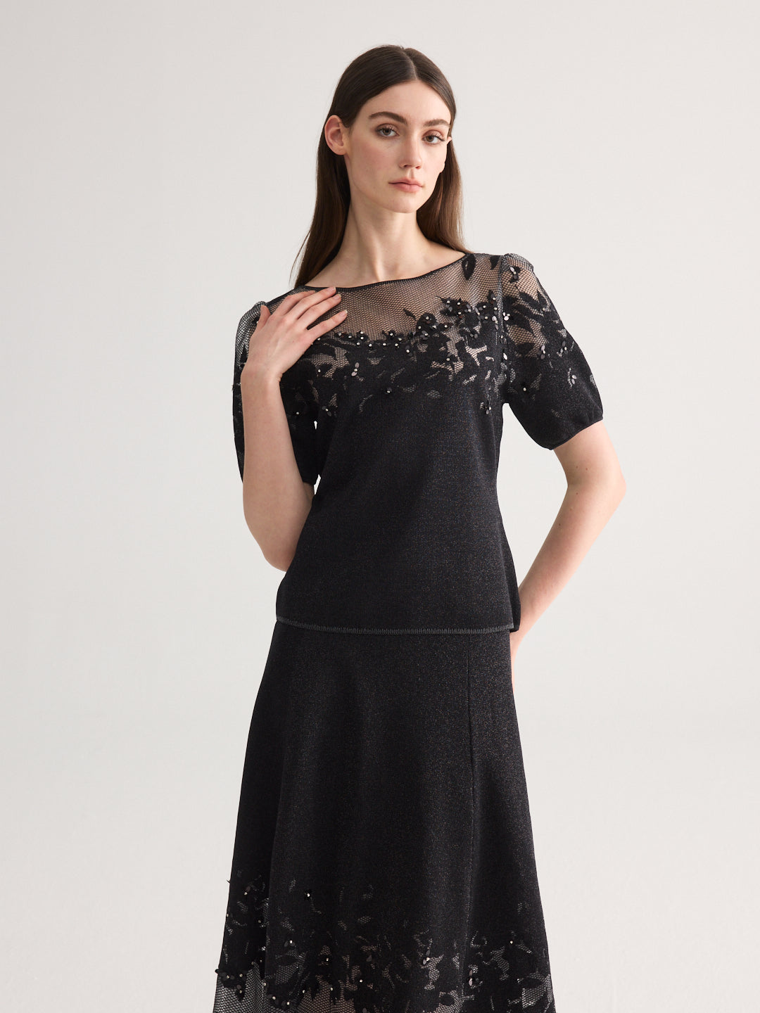 Black Blossom short sleeve knit Set