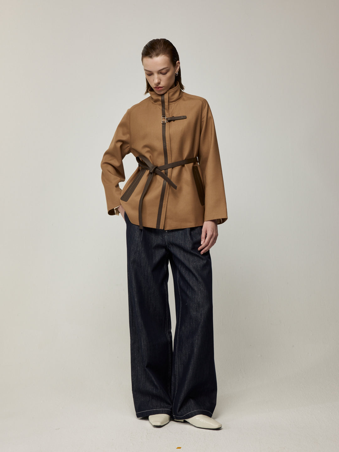Lambskin waterproof short trench coat