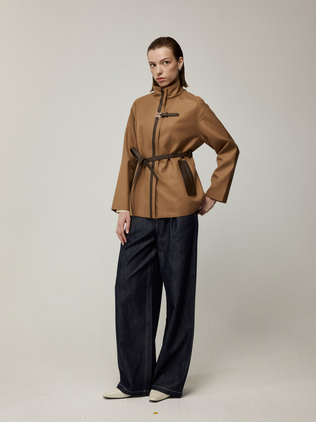 Lambskin waterproof short trench coat