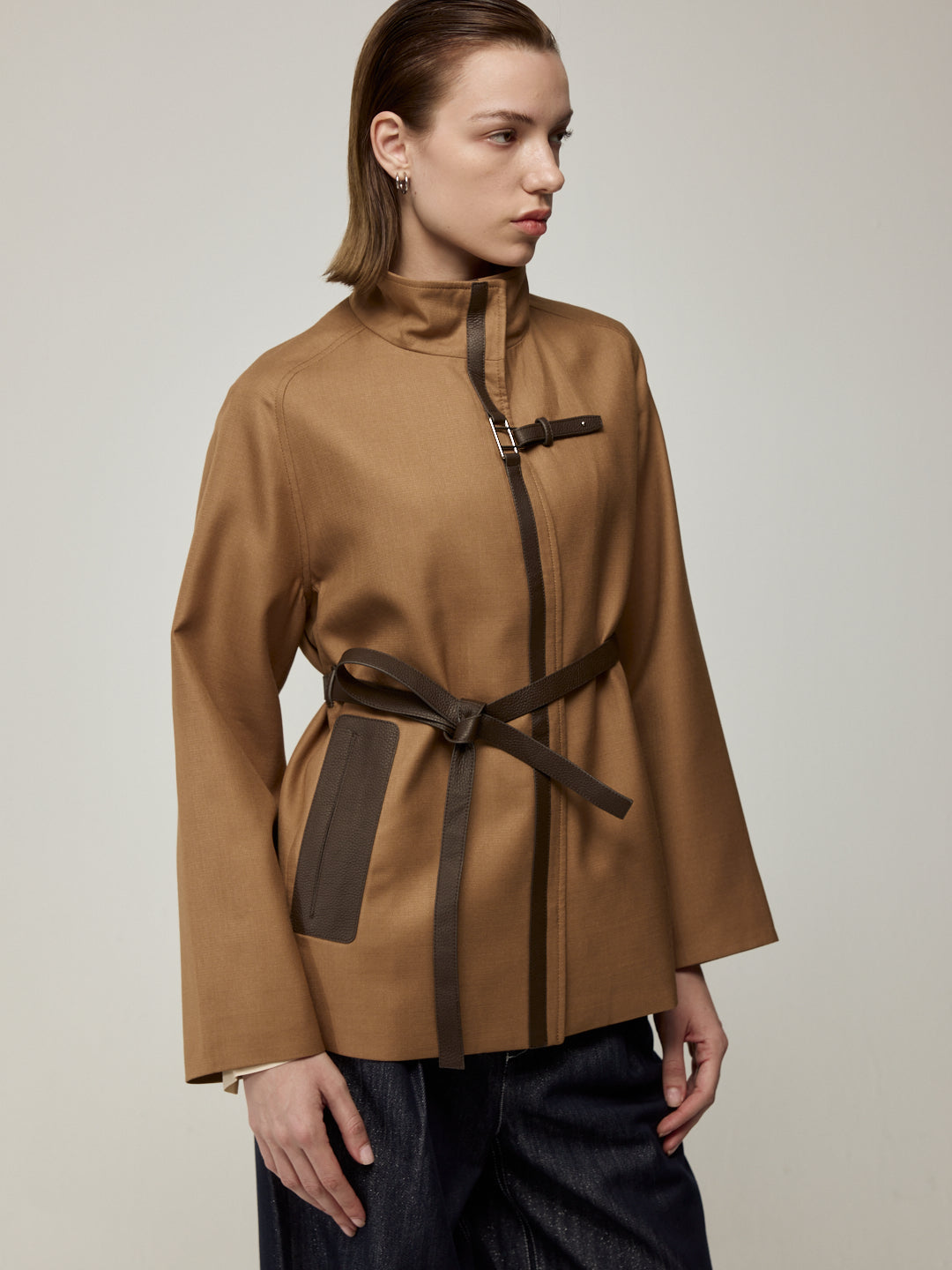 Lambskin waterproof short trench coat
