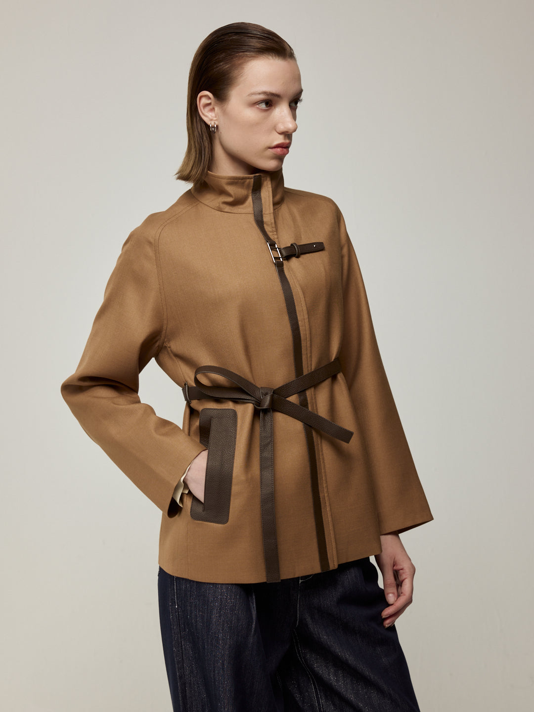 Lambskin waterproof short trench coat
