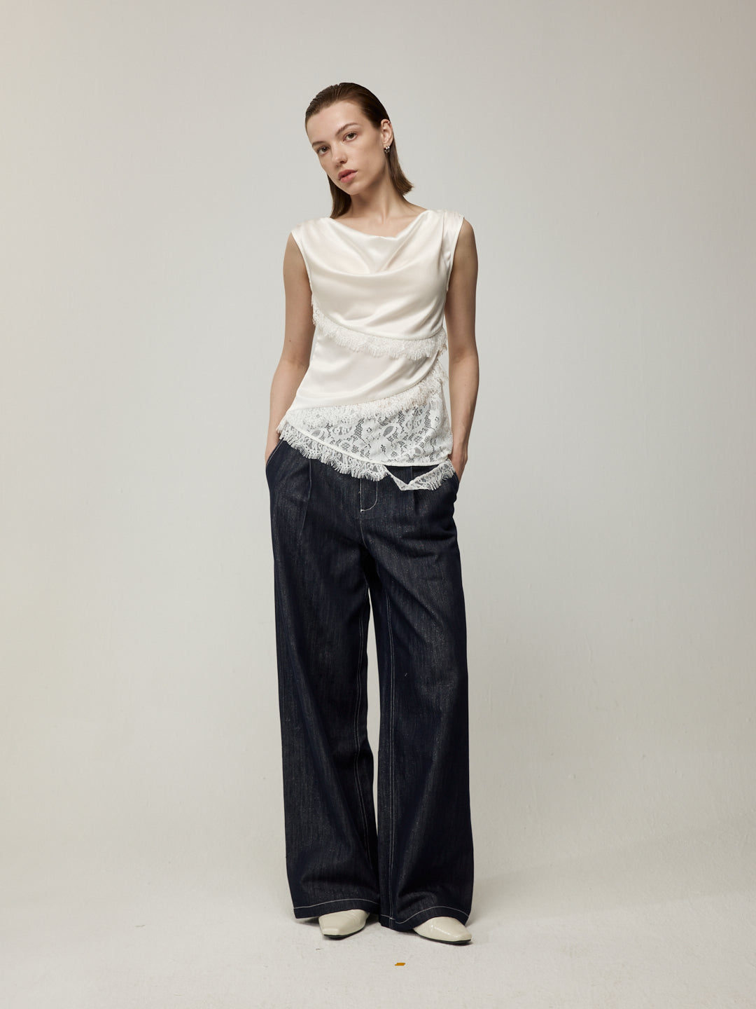 Diagonal Patchwork Lace Trim Top