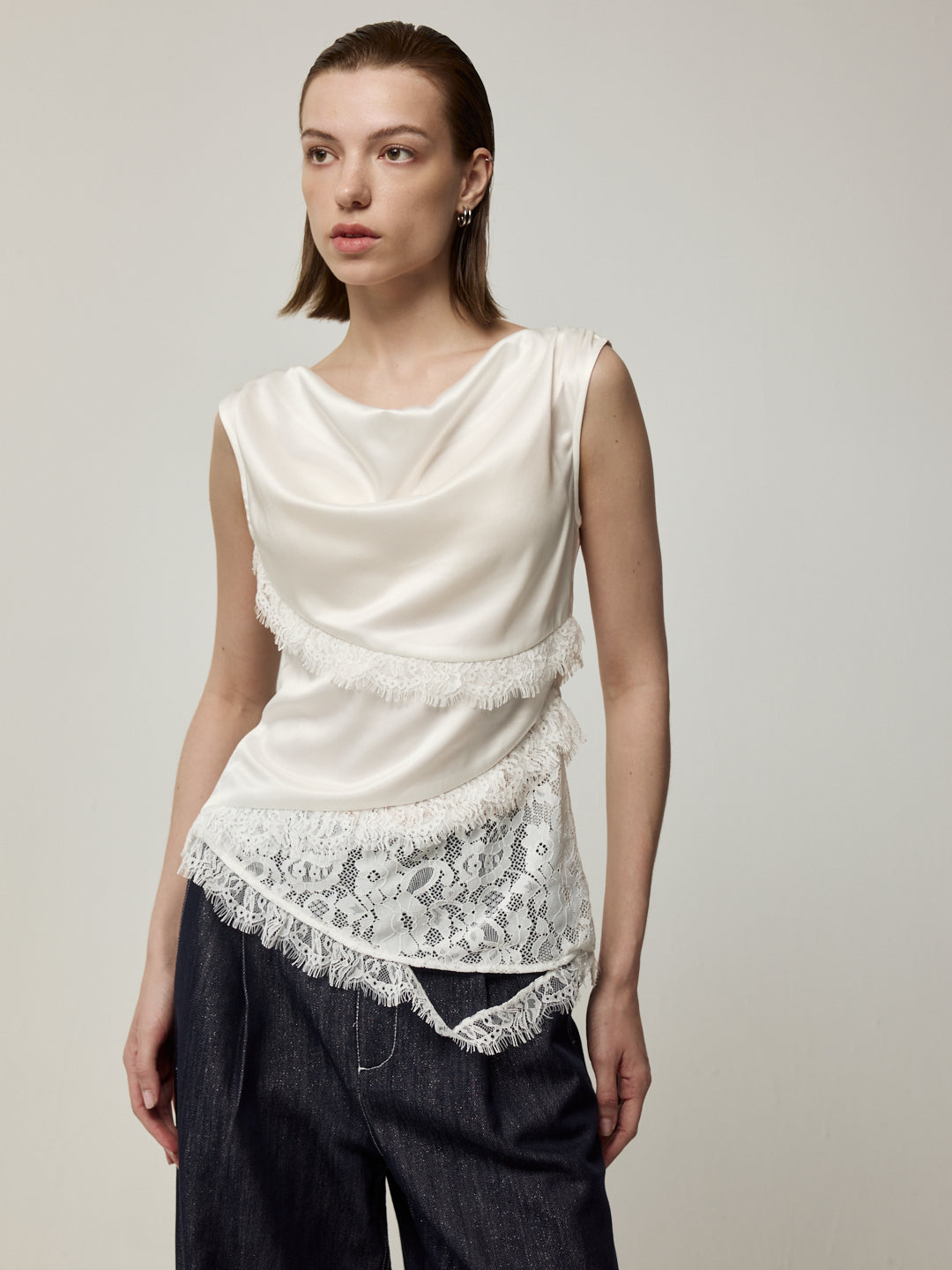 Diagonal Patchwork Lace Trim Top