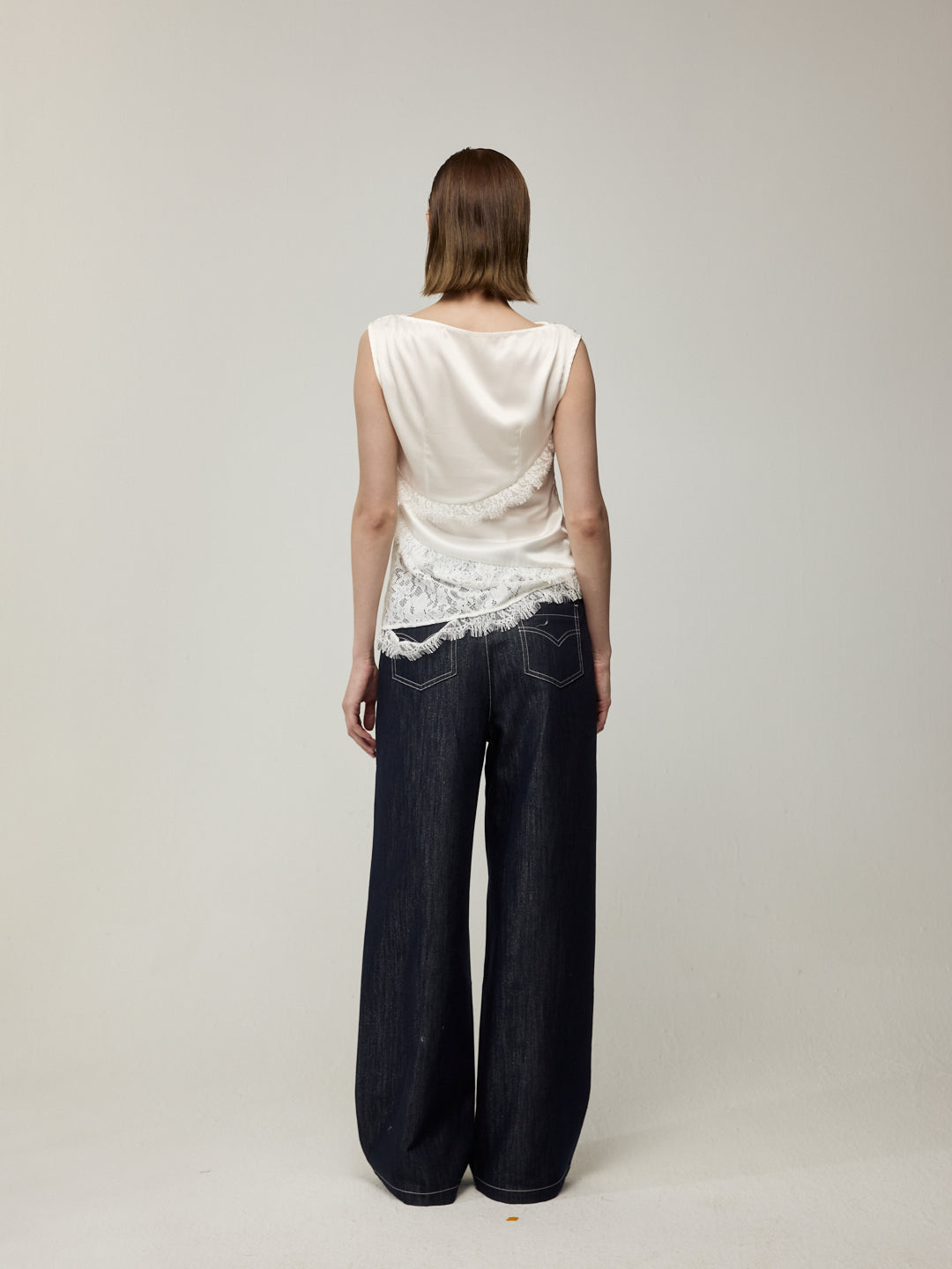 Diagonal Patchwork Lace Trim Top