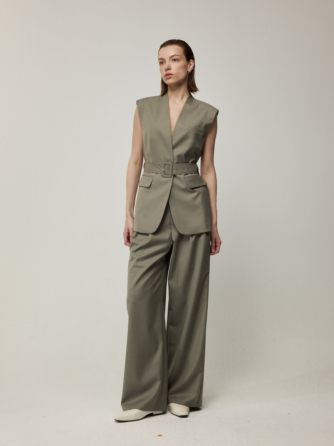 V-Neck Sleeveless Vest and High-Waisted Wide-Leg Trousers Set