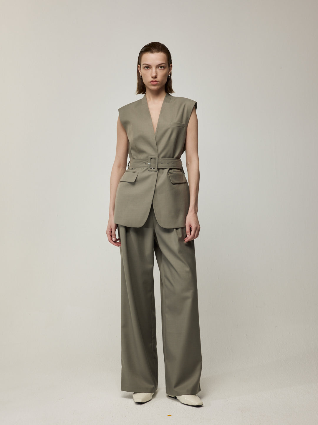 V-Neck Sleeveless Vest and High-Waisted Wide-Leg Trousers Set