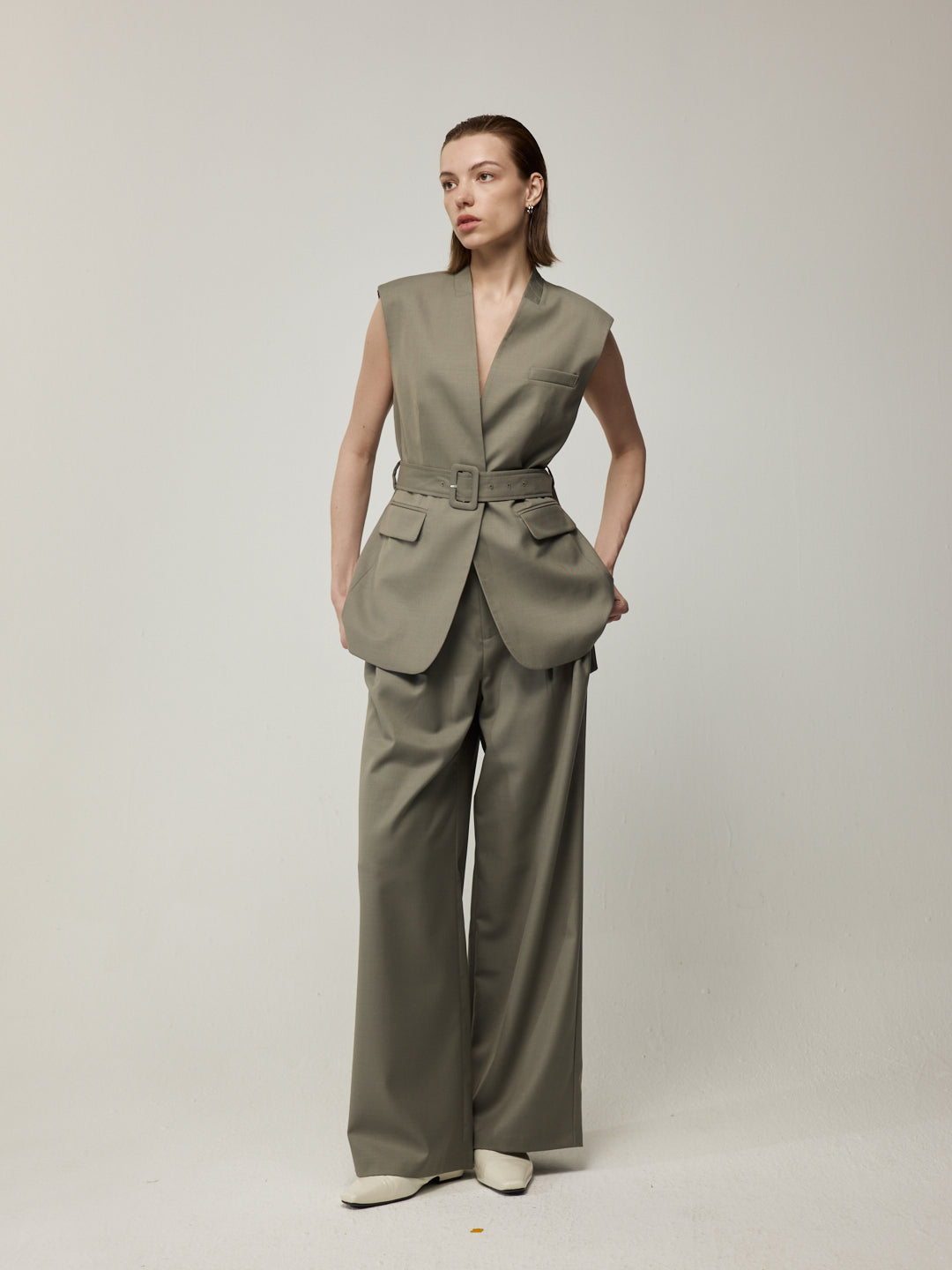 V-Neck Sleeveless Vest and High-Waisted Wide-Leg Trousers Set