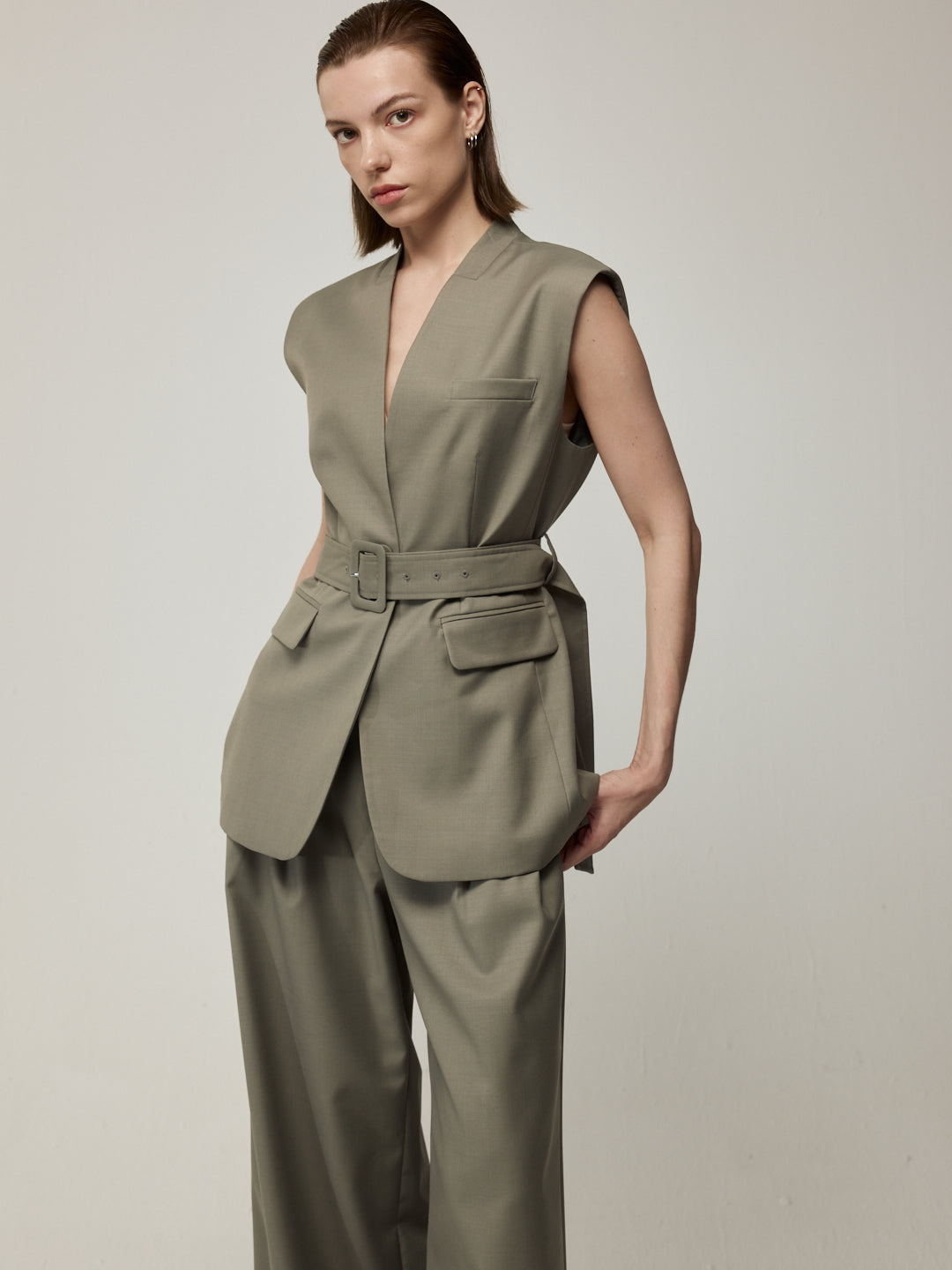 V-Neck Sleeveless Vest and High-Waisted Wide-Leg Trousers Set
