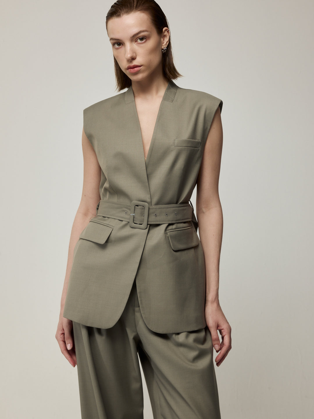 V-Neck Sleeveless Vest and High-Waisted Wide-Leg Trousers Set