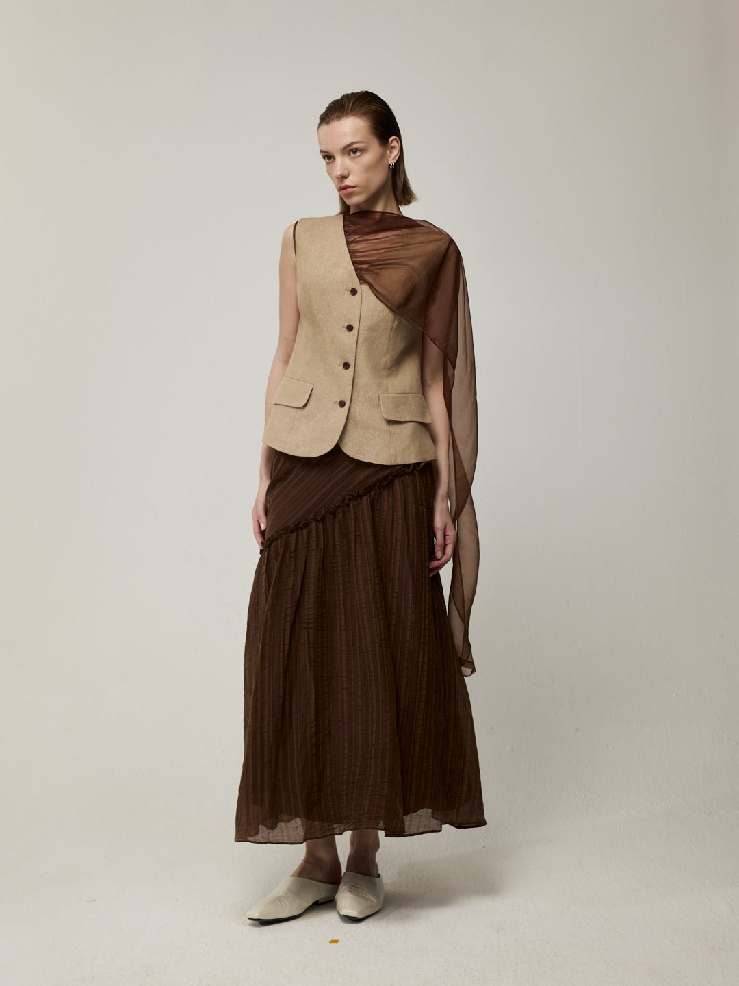 Linen Waistcoat with Sheer Necktie and Striped Midi Skirt Set