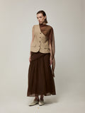 Linen Waistcoat with Sheer Necktie and Striped Midi Skirt Set
