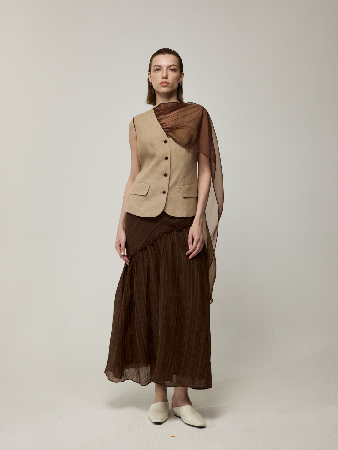 Linen Waistcoat with Sheer Necktie and Striped Midi Skirt Set