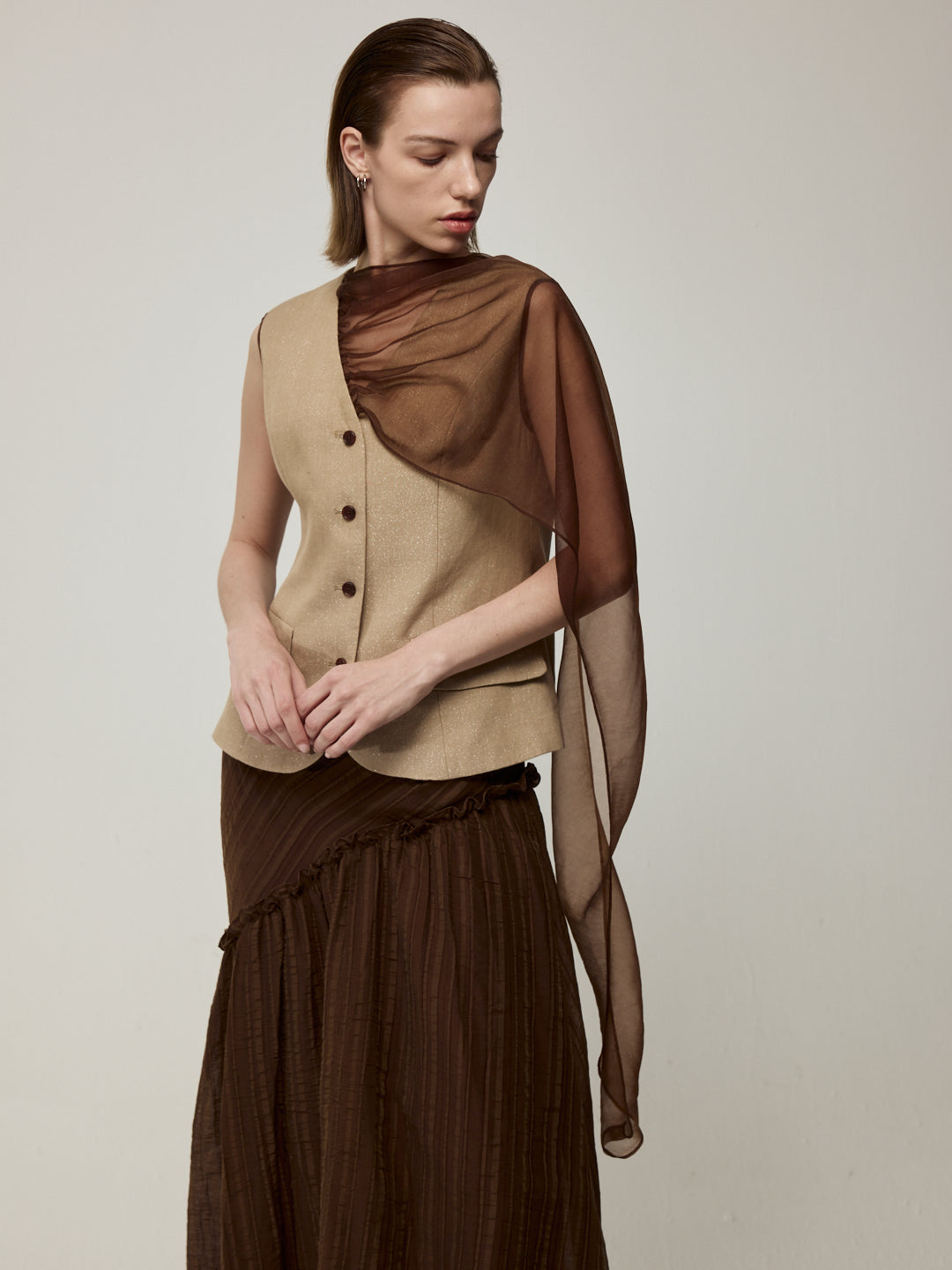 Linen Waistcoat with Sheer Necktie and Striped Midi Skirt Set