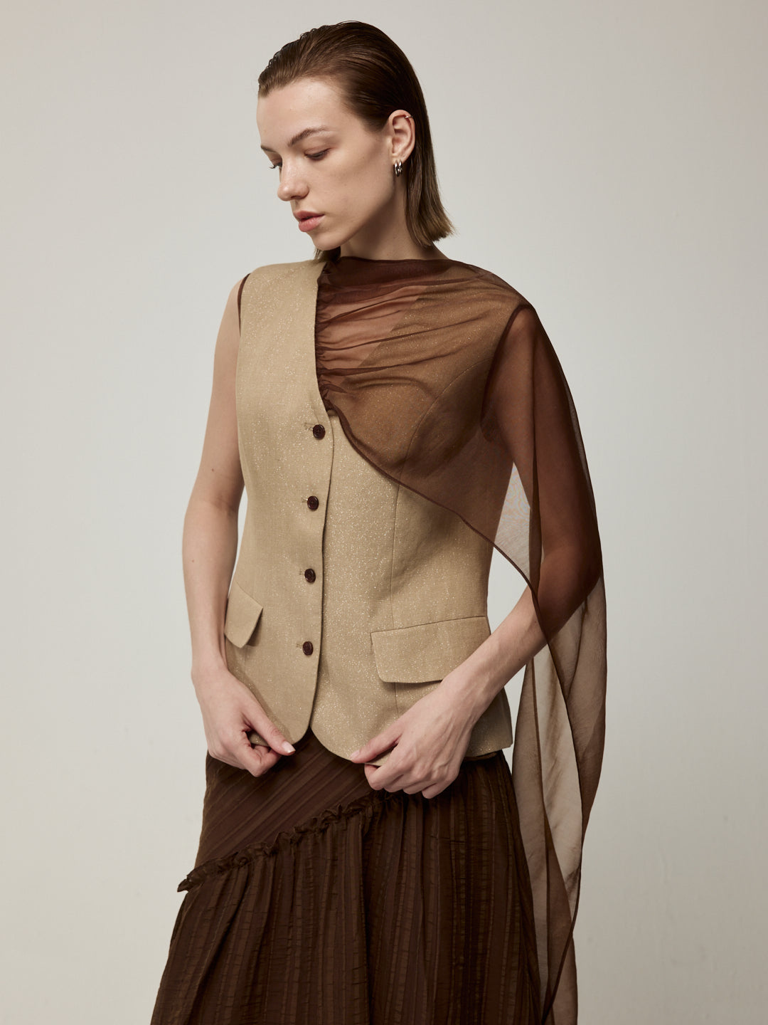 Linen Waistcoat with Sheer Necktie and Striped Midi Skirt Set