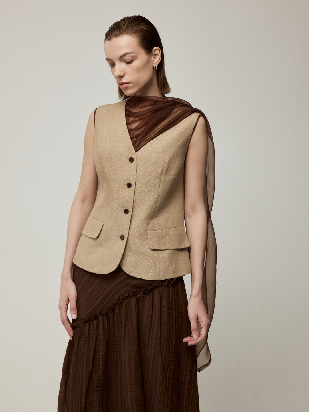 Linen Waistcoat with Sheer Necktie and Striped Midi Skirt Set