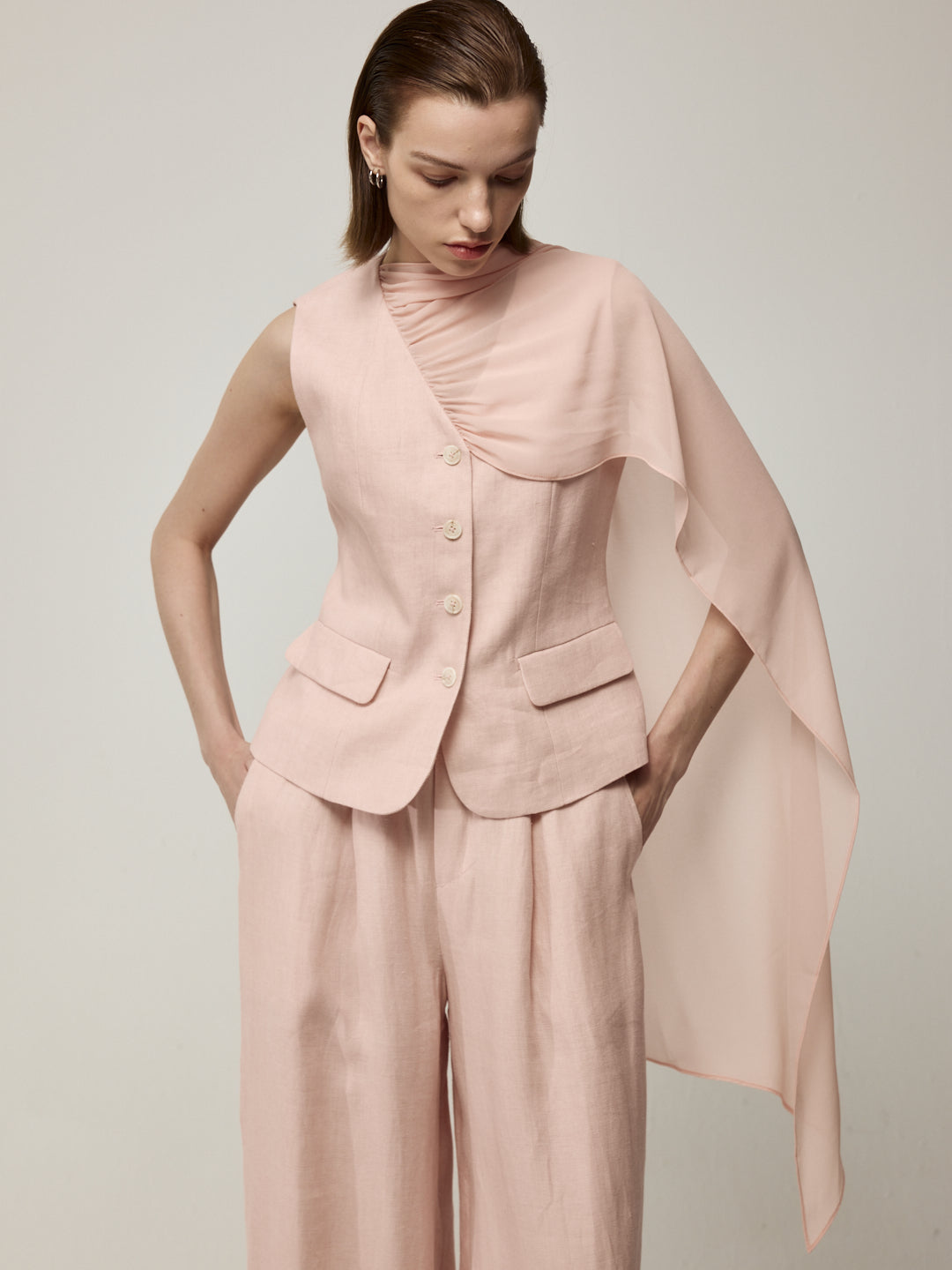 Pink Sleeveless Blouse and Trousers Set