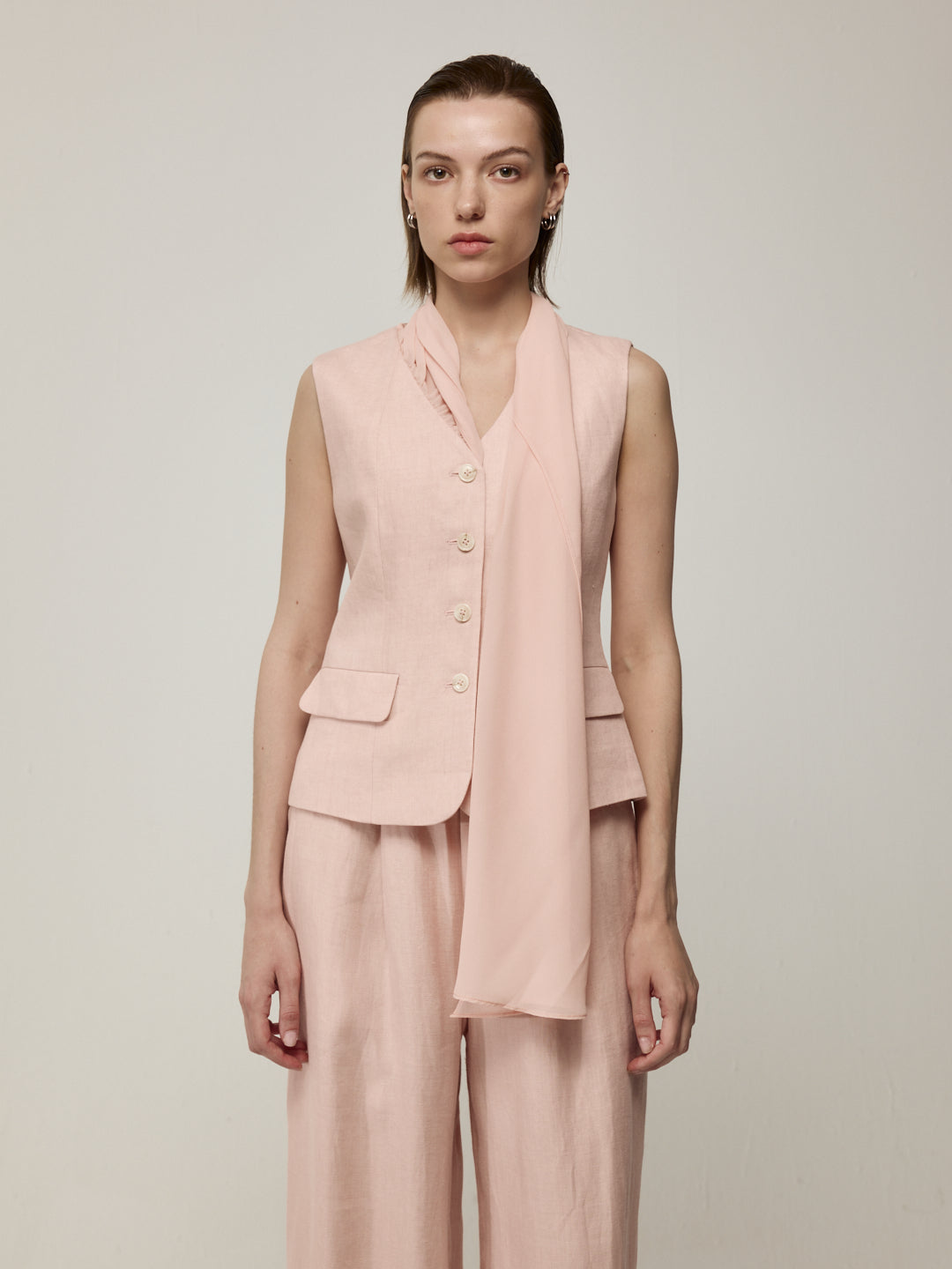 Pink Sleeveless Blouse and Trousers Set