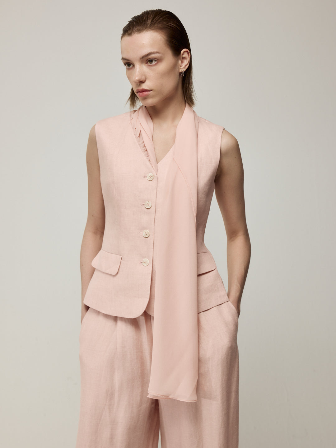 Pink Sleeveless Blouse and Trousers Set