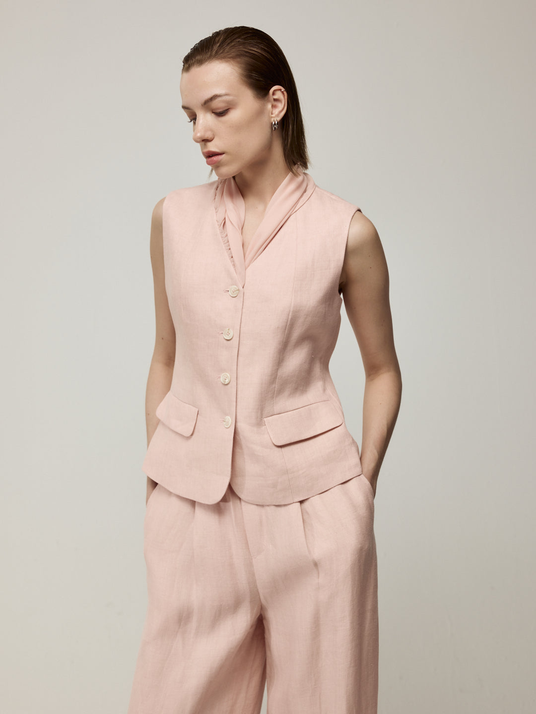 Pink Sleeveless Blouse and Trousers Set