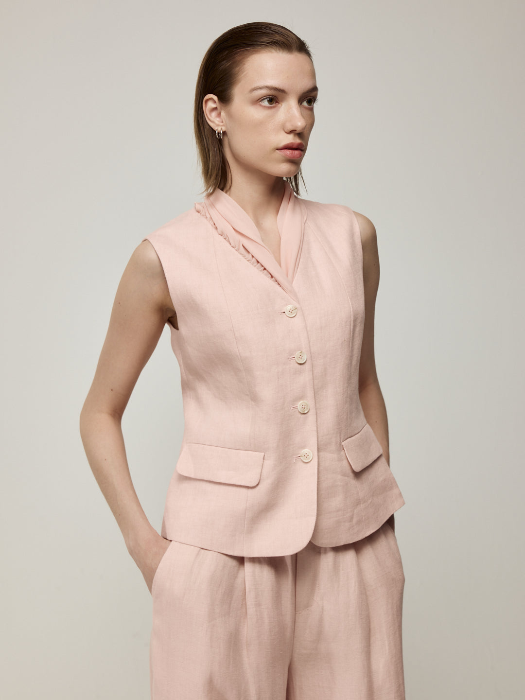 Pink Sleeveless Blouse and Trousers Set