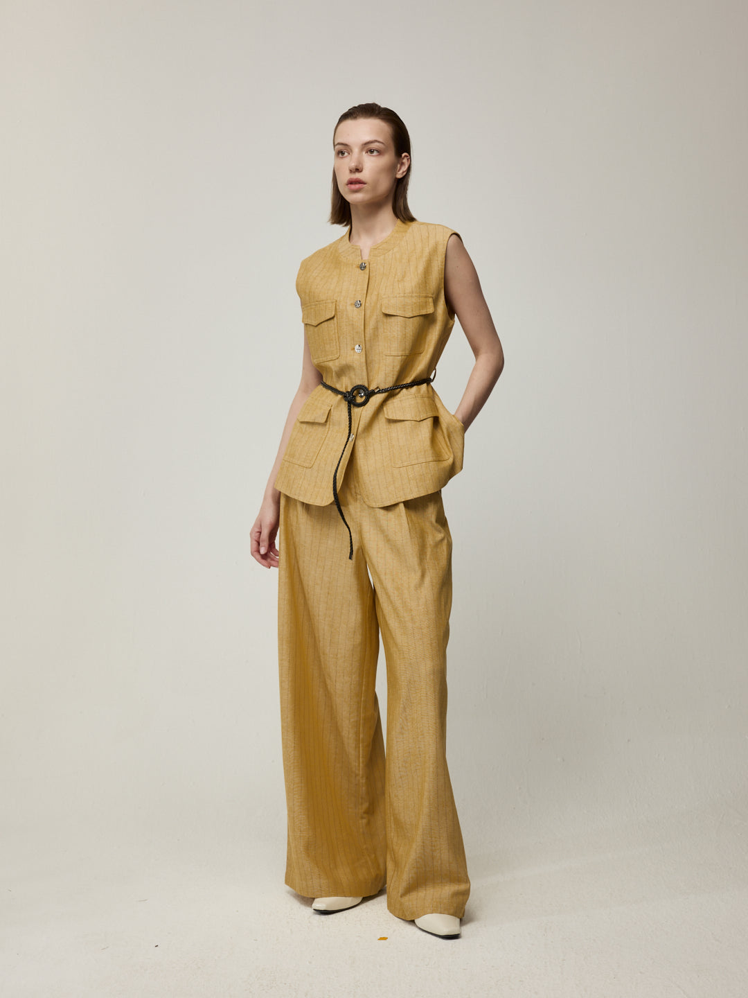 Textured Sleeveless Jacket and Trousers Set