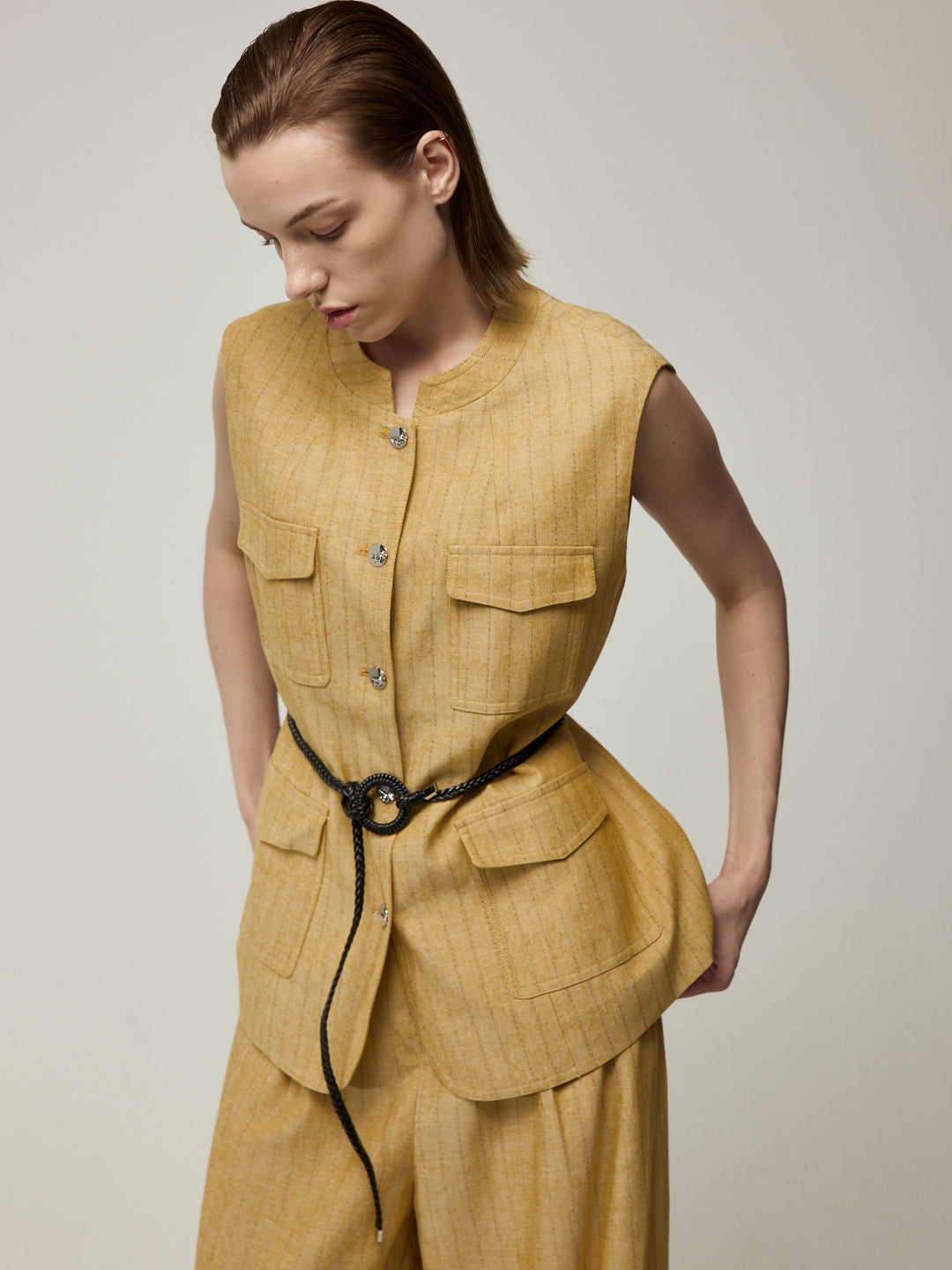 Textured Sleeveless Jacket and Trousers Set