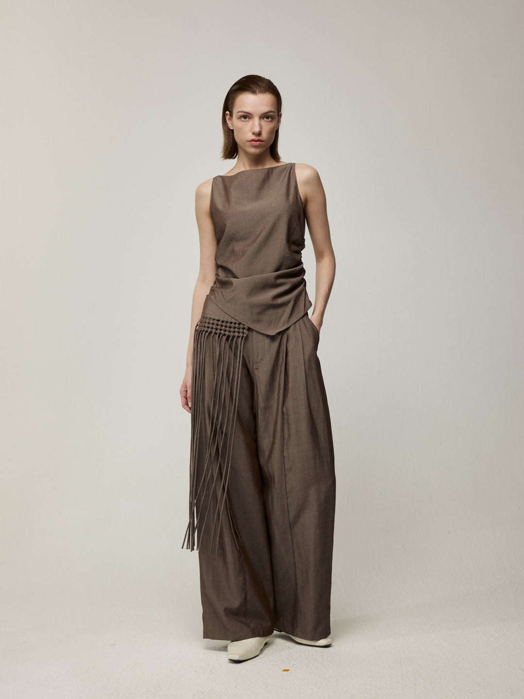 Asymmetric Top and Tassel Detail Trousers Set