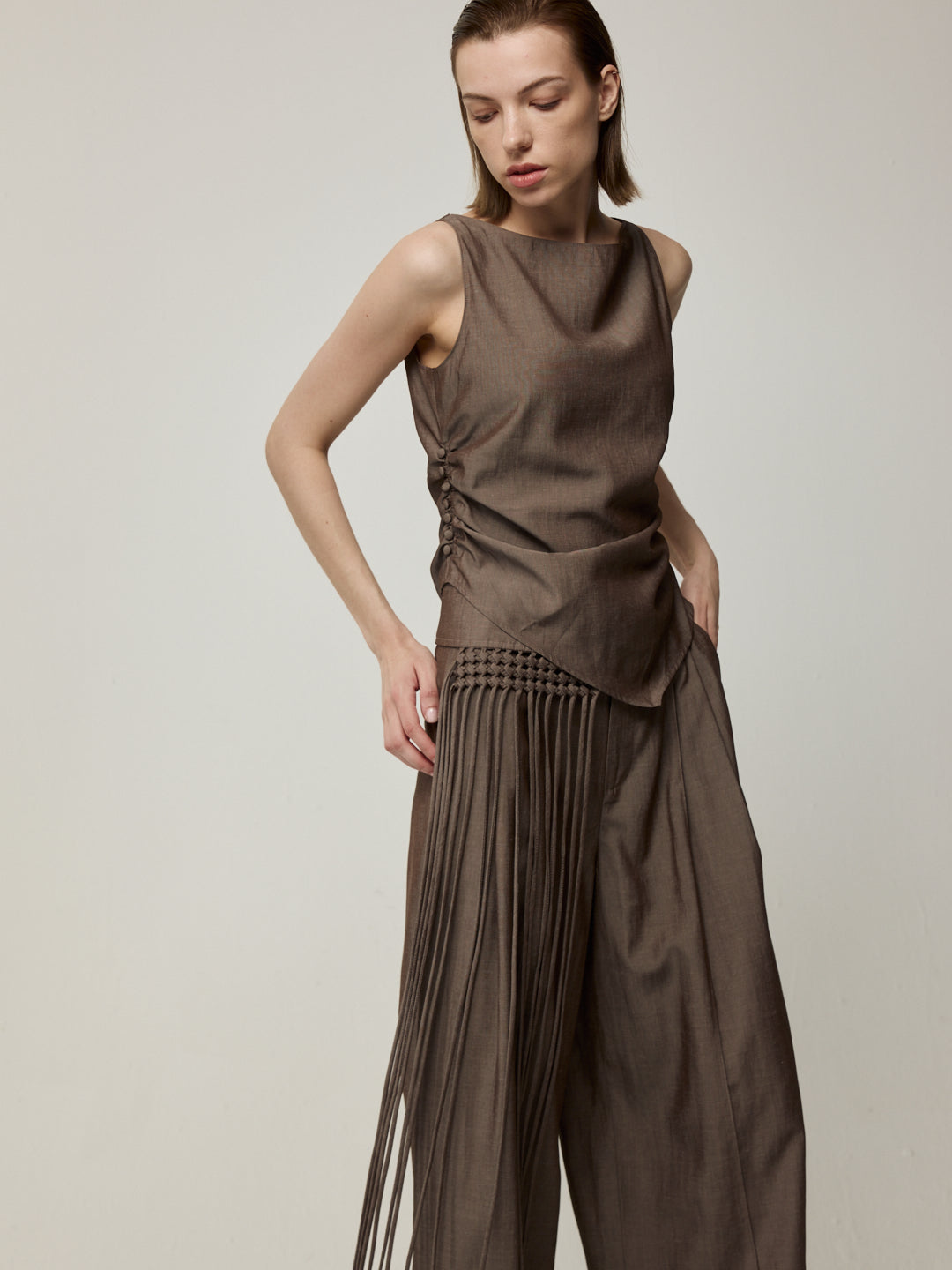 Asymmetric Top and Tassel Detail Trousers Set