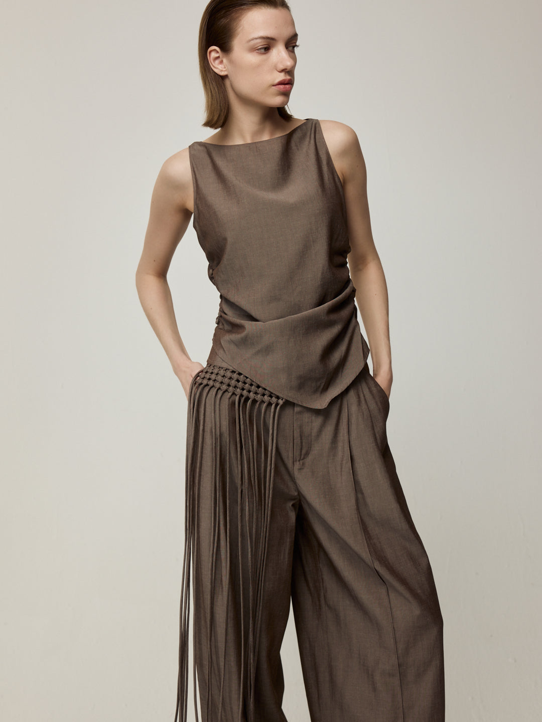 Asymmetric Top and Tassel Detail Trousers Set