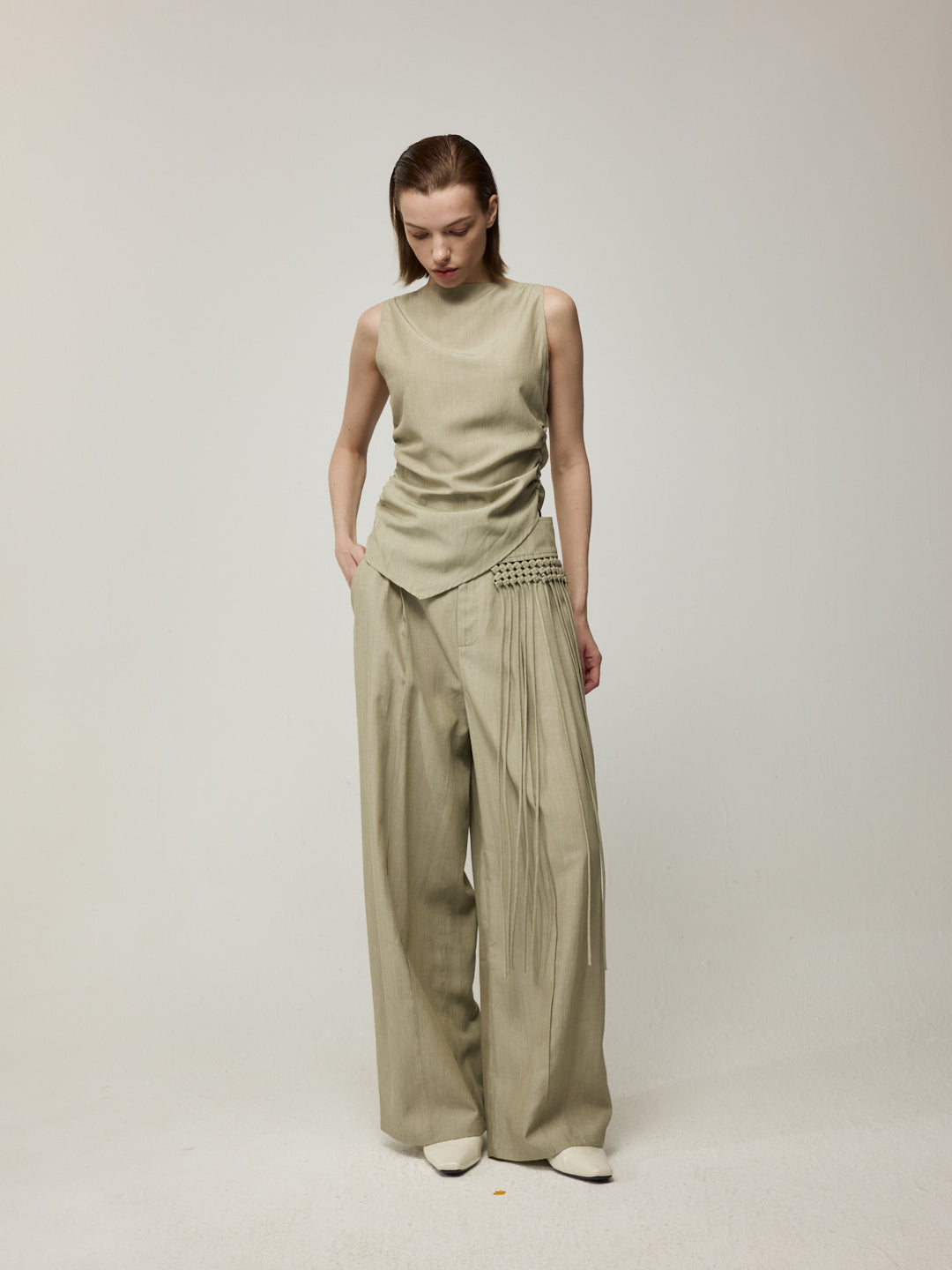 Asymmetric Top and Tassel Detail Trousers Set