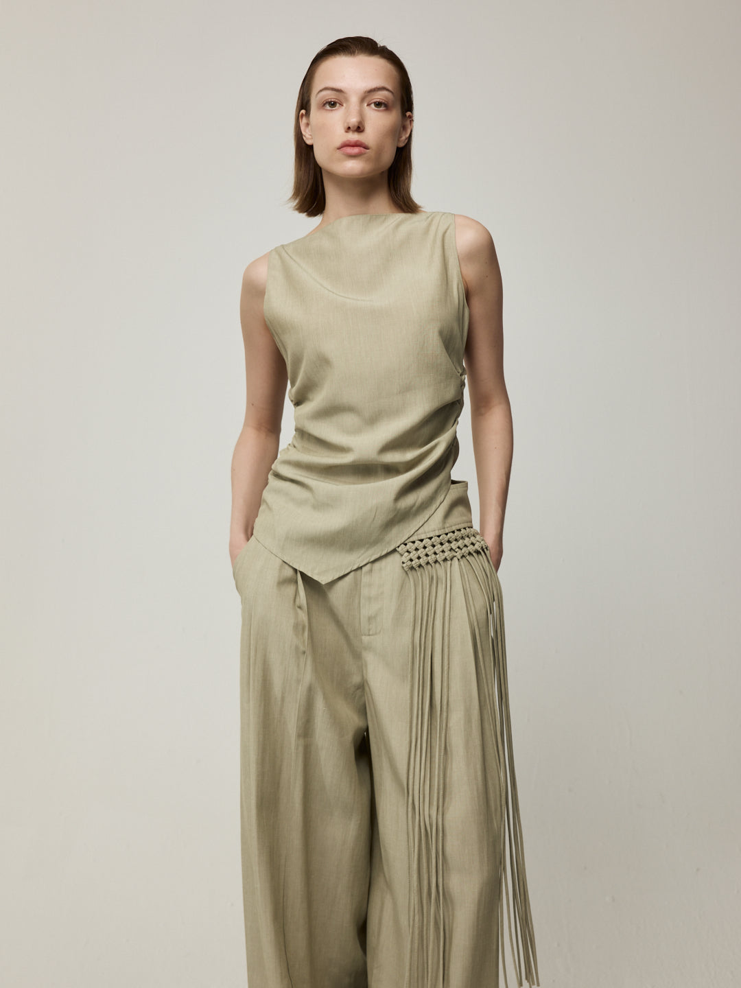 Asymmetric Top and Tassel Detail Trousers Set
