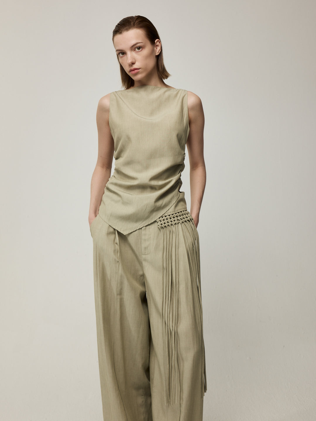 Asymmetric Top and Tassel Detail Trousers Set