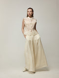 Silk Embroidery Mandarine Collar Vest and Wide-Leg Trousers Set