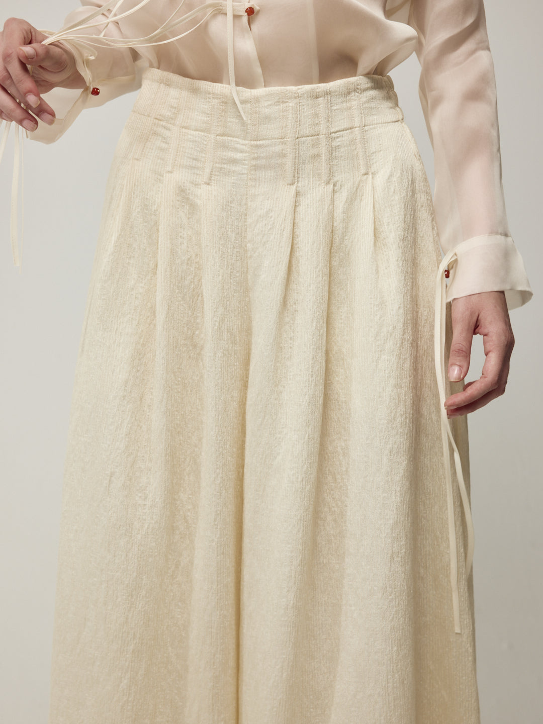 Sheer Silk Blouse with Fringe Buttons and White Floral Jeans Set
