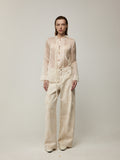 Sheer Silk Blouse with Fringe Buttons and White Floral Jeans Set