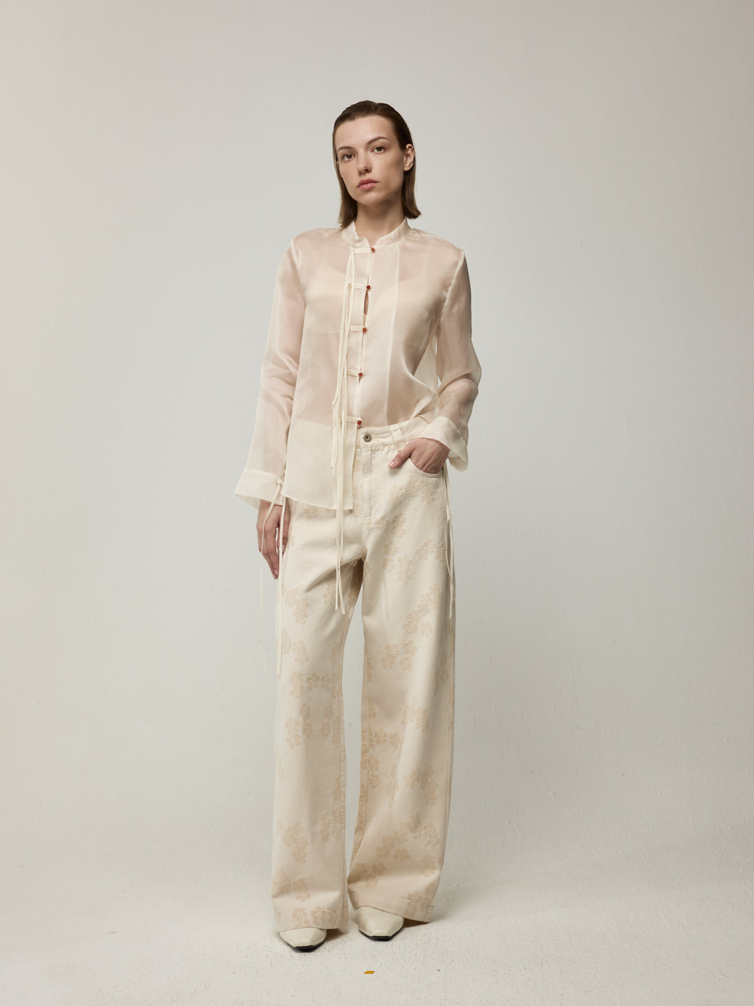 Sheer Silk Blouse with Fringe Buttons and White Floral Jeans Set
