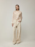 Sheer Silk Blouse with Fringe Buttons and White Floral Jeans Set