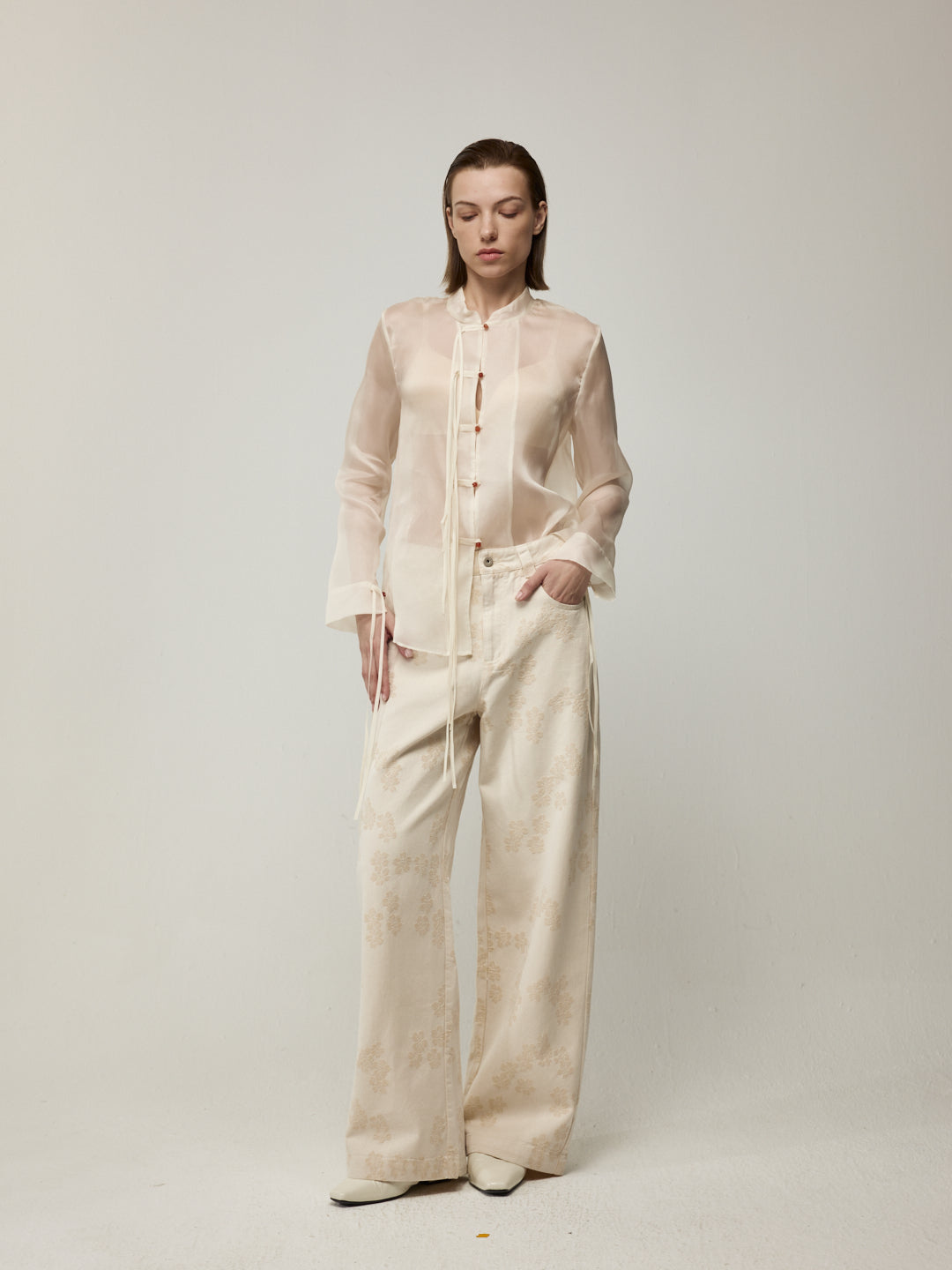Sheer Silk Blouse with Fringe Buttons and White Floral Jeans Set