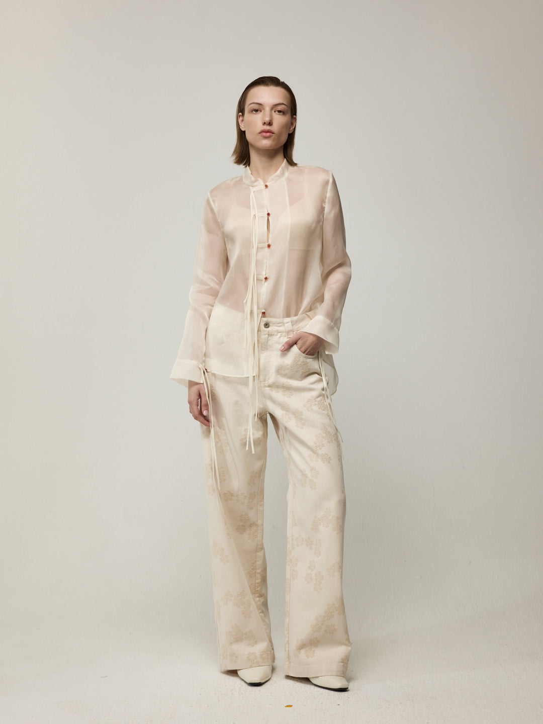 Sheer Silk Blouse with Fringe Buttons and White Floral Jeans Set