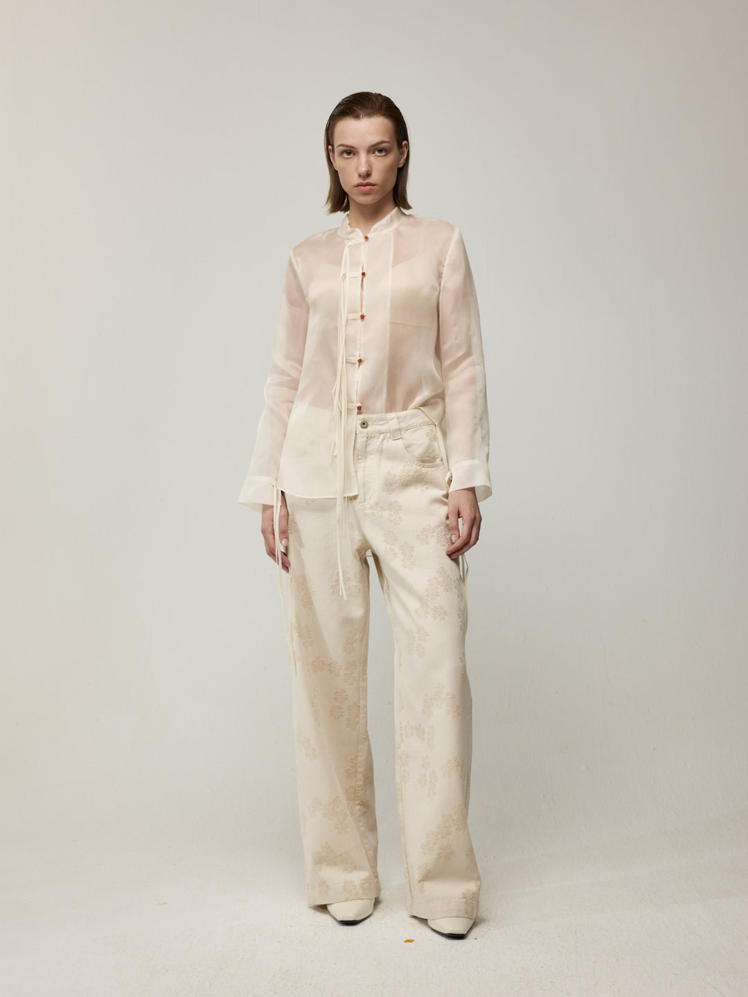 Sheer Silk Blouse with Fringe Buttons and White Floral Jeans Set