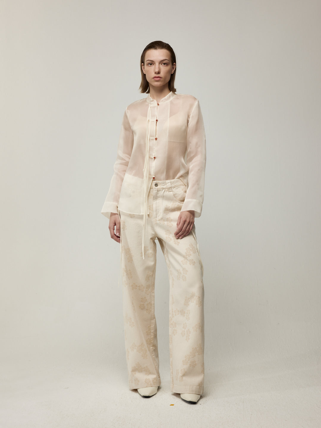 Sheer Silk Blouse with Fringe Buttons and White Floral Jeans Set