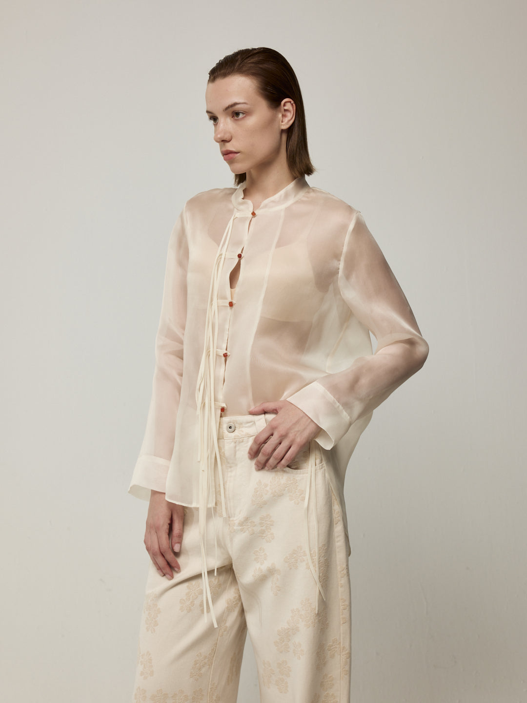 Sheer Silk Blouse with Fringe Buttons and White Floral Jeans Set