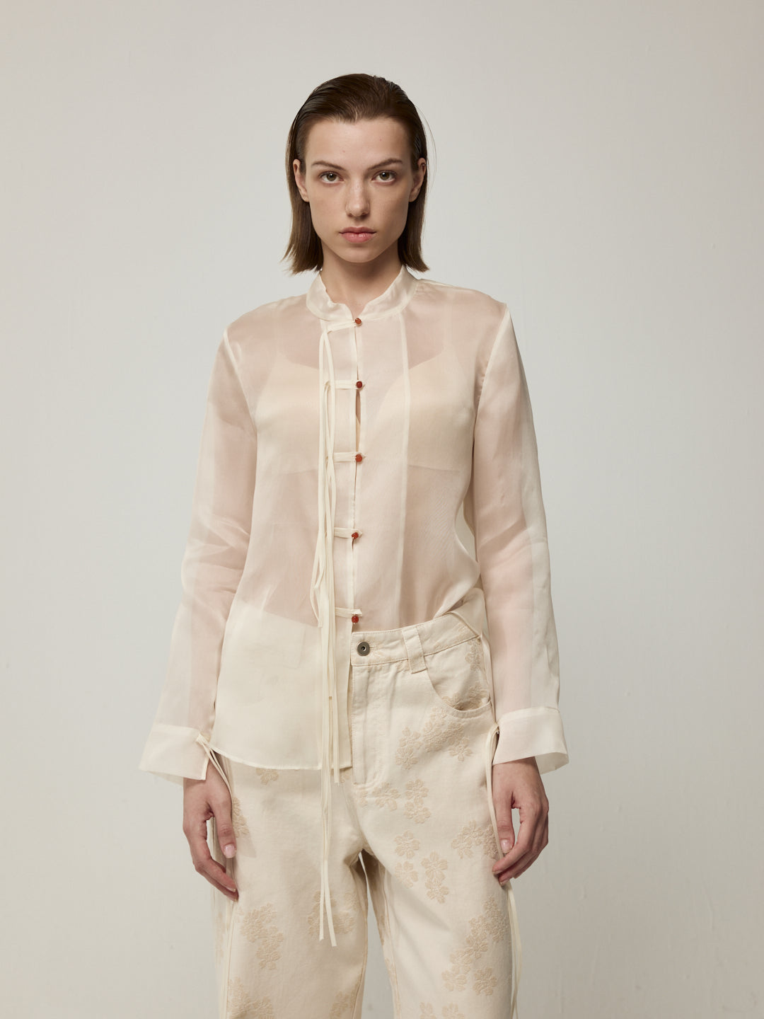 Sheer Silk Blouse with Fringe Buttons and White Floral Jeans Set