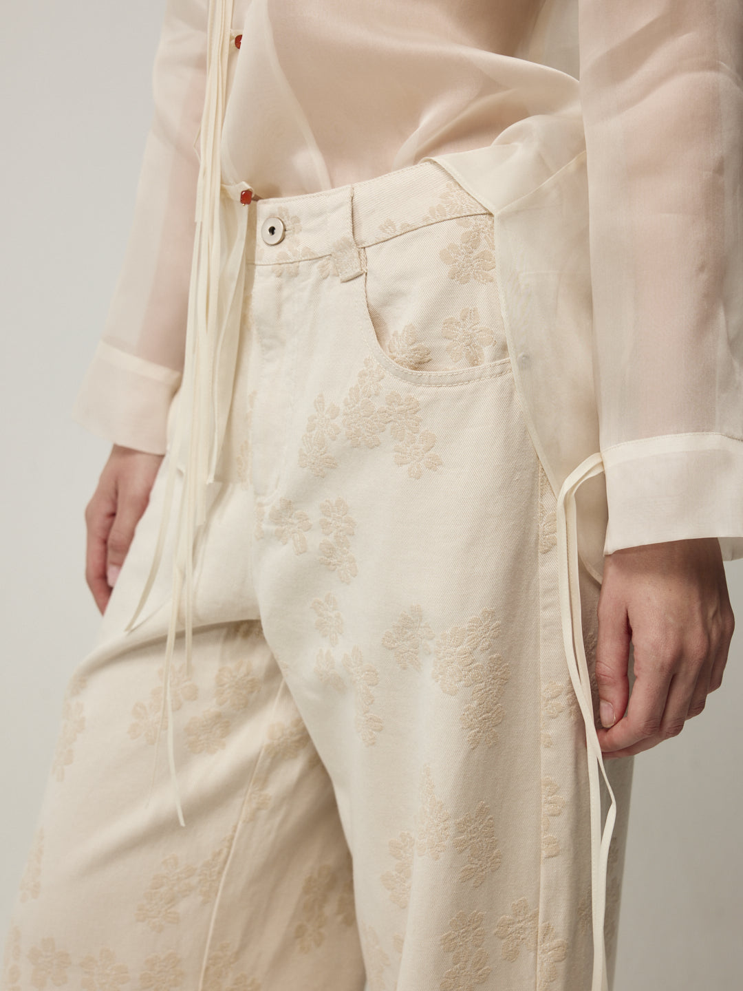 Sheer Silk Blouse with Fringe Buttons and White Floral Jeans Set