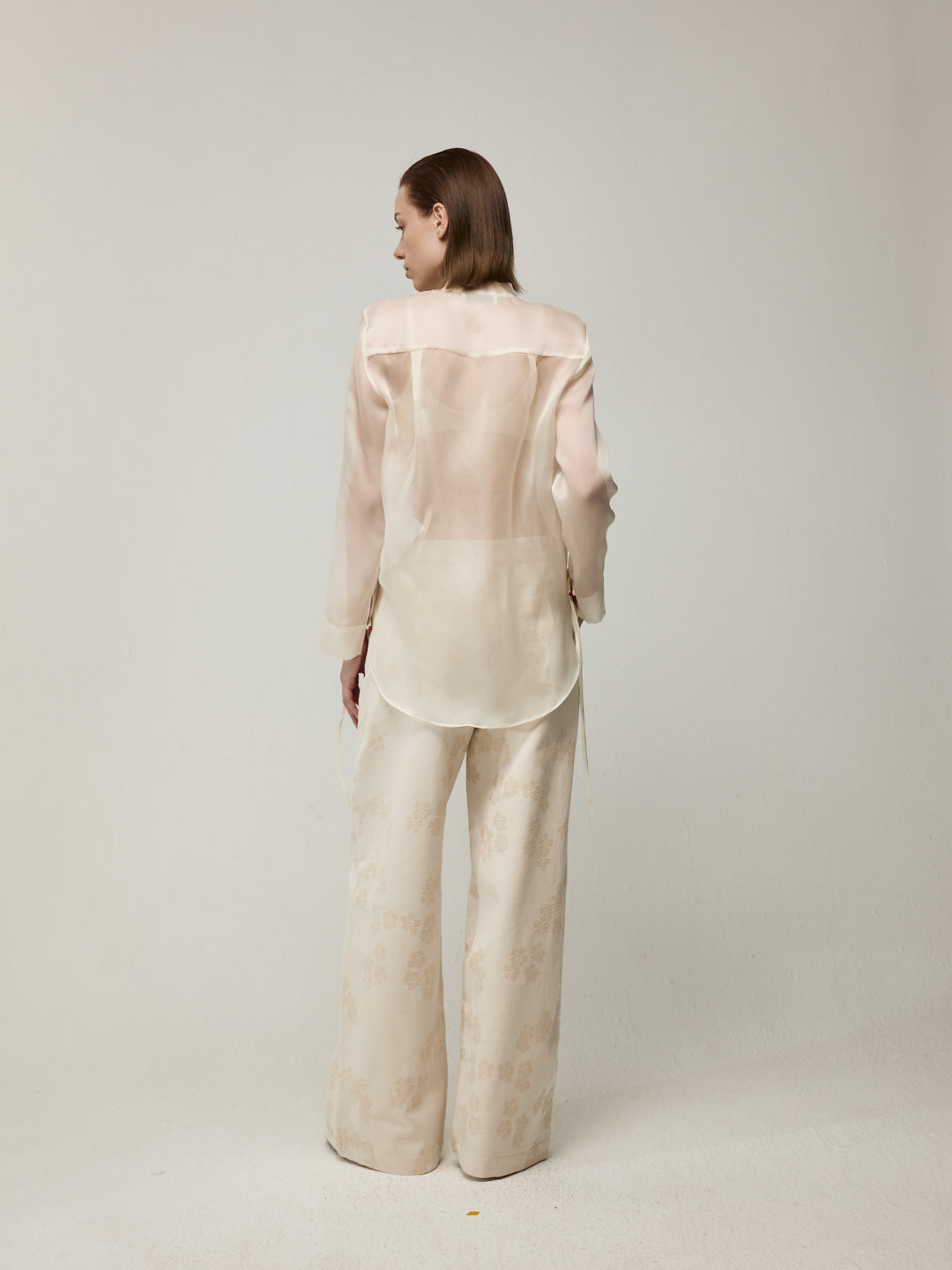 Sheer Silk Blouse with Fringe Buttons and White Floral Jeans Set