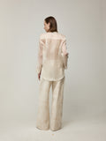 Sheer Silk Blouse with Fringe Buttons and White Floral Jeans Set