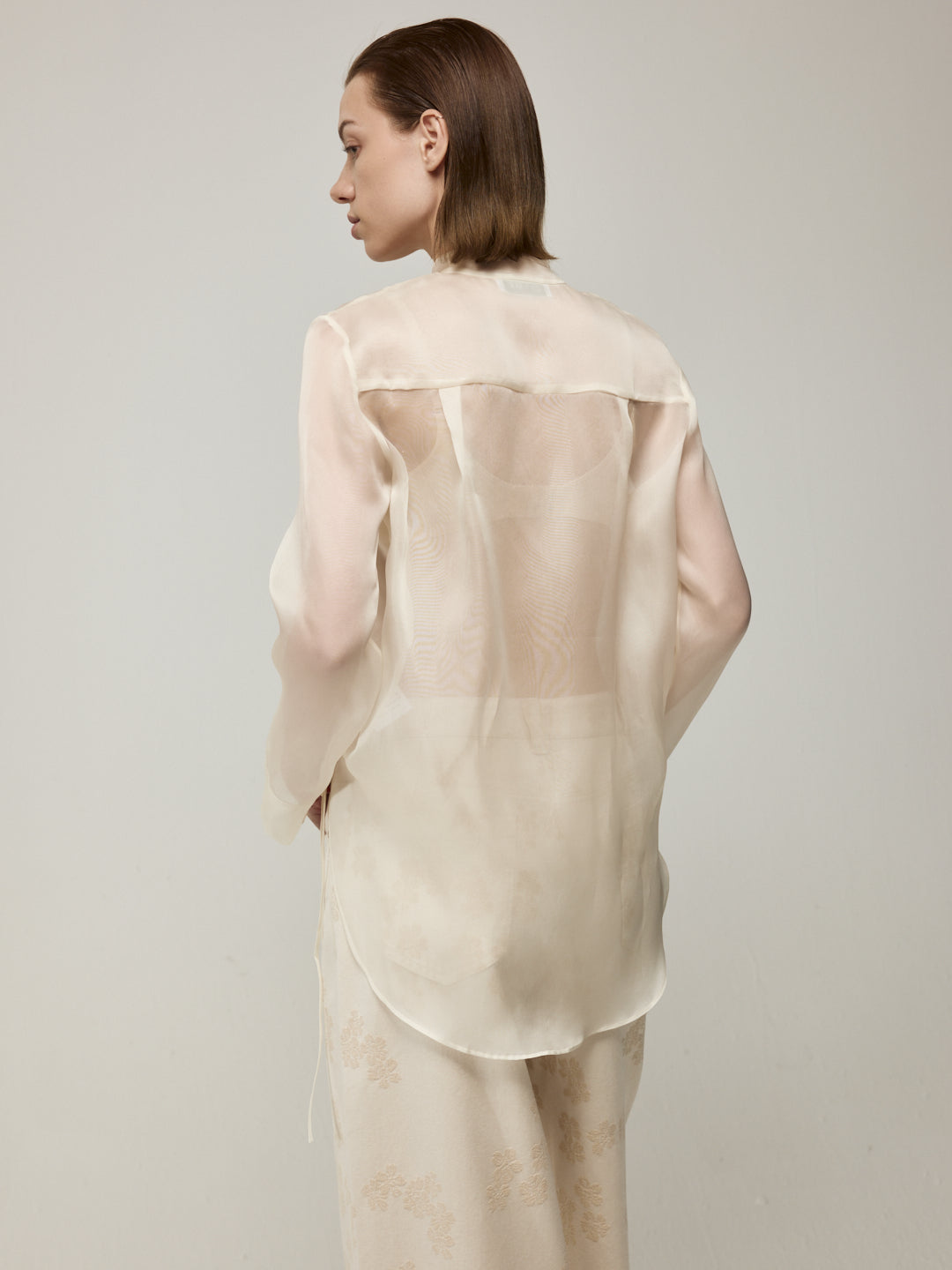 Sheer Silk Blouse with Fringe Buttons and White Floral Jeans Set